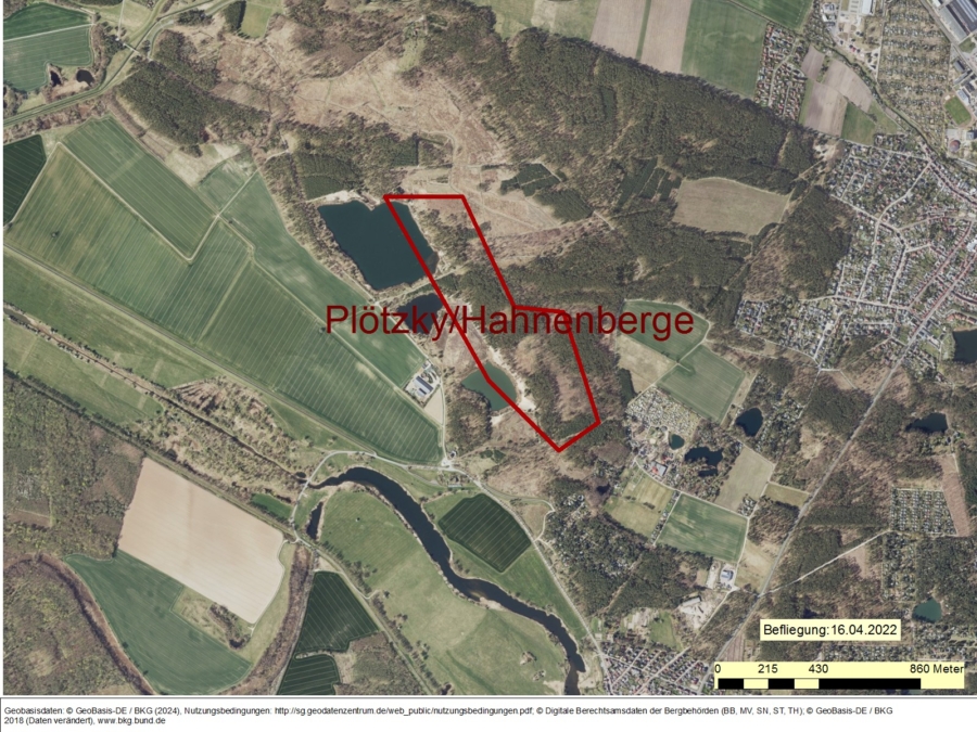 Bergwerkseigentum Plötzky-Hahnenberge, Kiese und Kiessande - Luftbild mit Projektion des Bergwerksfeldes Plötzky/Hahnenberge