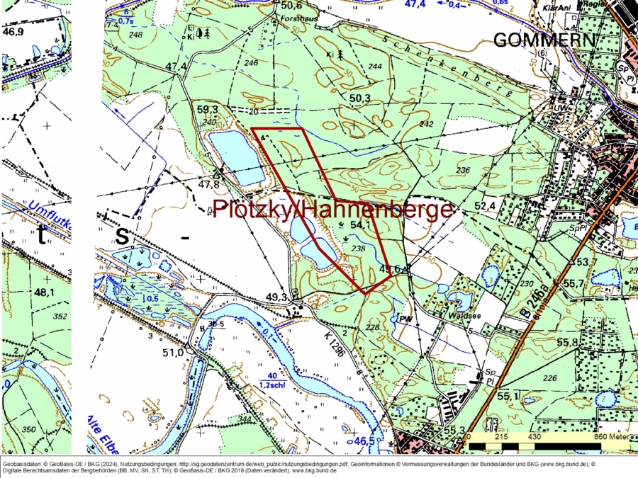 Bergwerkseigentum Plötzky-Hahnenberge, Kiese und Kiessande - Topografische Karte mit Projektion des Bergwerksfeldes