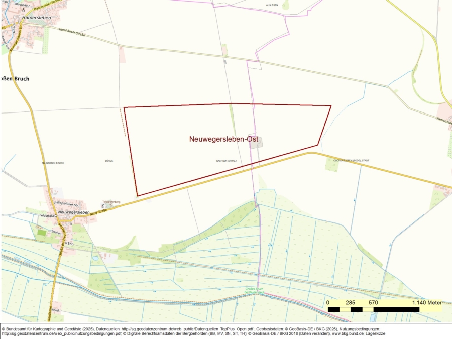 Bergwerkseigentum Neuwegersleben-Ost, Kiese und Kiessande - Topografische Karte, Projektion des Bergwerksfeldes Neuwegersleben-Ost