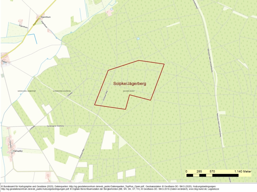 Bergwerkseigentum Solpke/Jägerberg, Kiese und Kiessande - Topografische Karte m. Projektion des Bergwerksfeldes Solpke/Jägerberg
