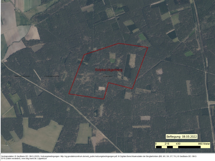 Bergwerkseigentum Solpke/Jägerberg, Kiese und Kiessande - Luftbild mit Projektion des Bergwerksfeldes Solpke/Jägerberg